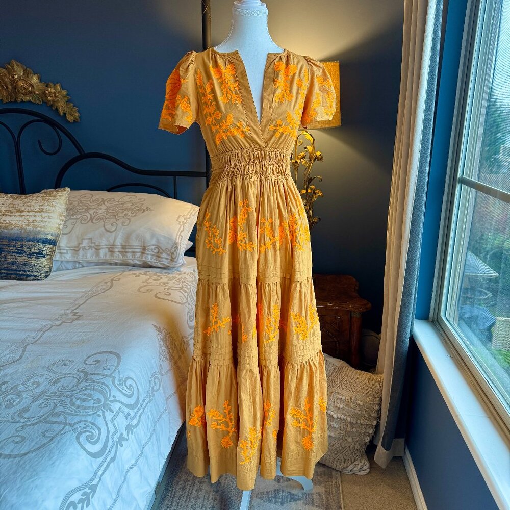 Anthropologie Somerset Maxi Dress Mustard Yellow Embroidered